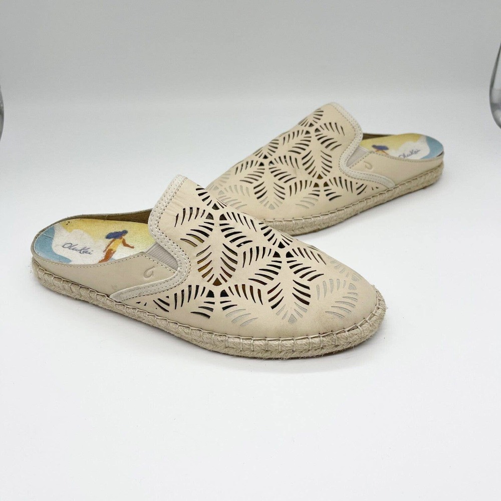 Olukai Kaula Olu lli Palm Leaf Cut Out Espadrille Mules Sz 8 Off White Leather